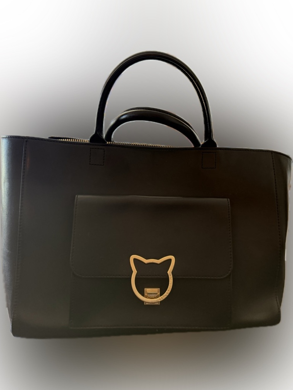 Karl Lagerfeld Black Leather Tote with Gold Cat Hardware